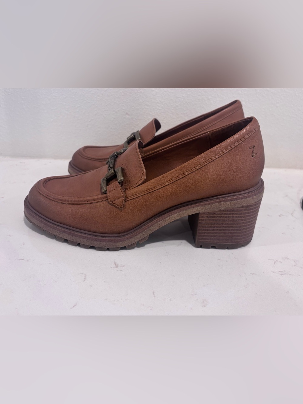 Zodiac Tan Brown Leather Block Heel Loafers